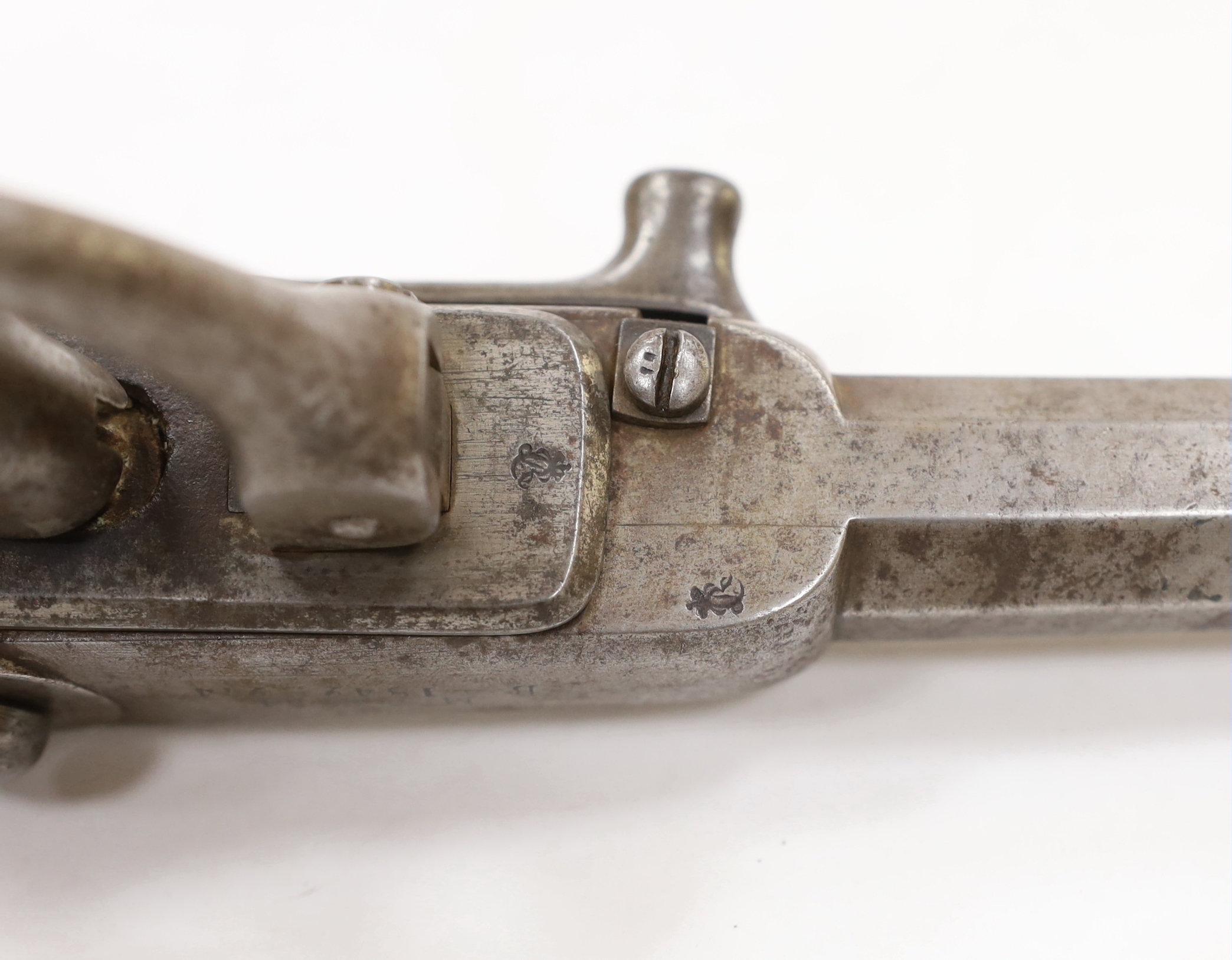 A Regulation Danish breech-loading, under hammer percussion military pistol, octagonal twist barrel, breach stamped B–274 barrel stamped GHRE:10 and cipher of Christian VIII of Denmark and stamped for model M-1841 and B-